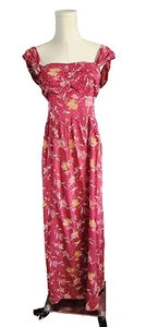Tiare Hawaii Maxikleid Blumen tiefrot gesmokt Rücken Seitenschlitz Boho Neu mit Etikett Einheitsgröße Neu - Bild 1 von 9