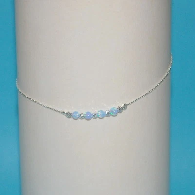 Sterling Silver 925 Chain Laser Cut & OPAL Beads ANKLET Blue Green White Pink - Image 1 of 4