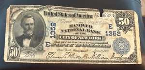 1902 $50 DB Hanover National Bank NEW YORK National Currency CH #1352 0 KNOWN ! - Picture 1 of 14