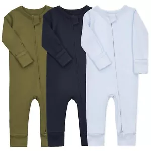Baby Cotton Fooltess Pajamas with Mitten 3-pack Infant Romper Zip Up One Piec... - Picture 1 of 6