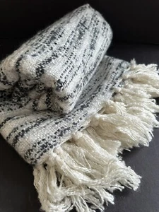 West Elm Throw Blanket Blue Ivory Fringe Body Soft 44x56 - Picture 1 of 24
