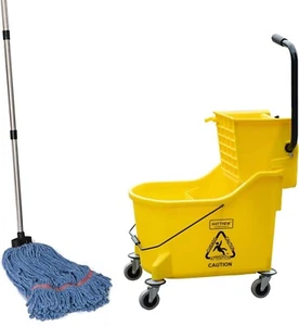 Matthew Commercial Mop Bucket with Side Press Wringer On Wheels + Wet String Mop - Picture 1 of 6