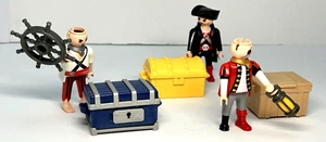 Vintage 90s Playmobil  Pirates 3 Figures Treasure Chest Wood Box Ships Wheel Lot - Picture 1 of 21