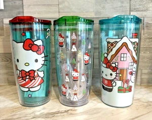 Lot of 3 Hello Kitty Christmas Tumblers w/Drinkable Lids Santa Gingerbread Tree - Picture 1 of 7