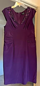Adrianna Papell Purple Beaded Ruched V-Neck Sheath Dress Sz 14 Knee Length - Picture 1 of 14