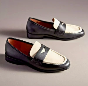 NWT ANTHROPOLOGIE BIBI LOU CLASSIC LEATHER SLIPON LOAFERS SHOES BLACK WHITE 39 8 - Picture 1 of 4