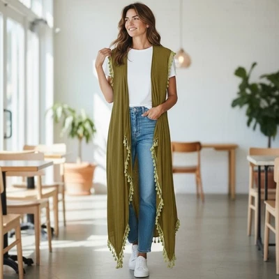 Colete espanador POL feminino top M verde oliva franja frontal aberta boho chique festival - Imagem 1 de 4