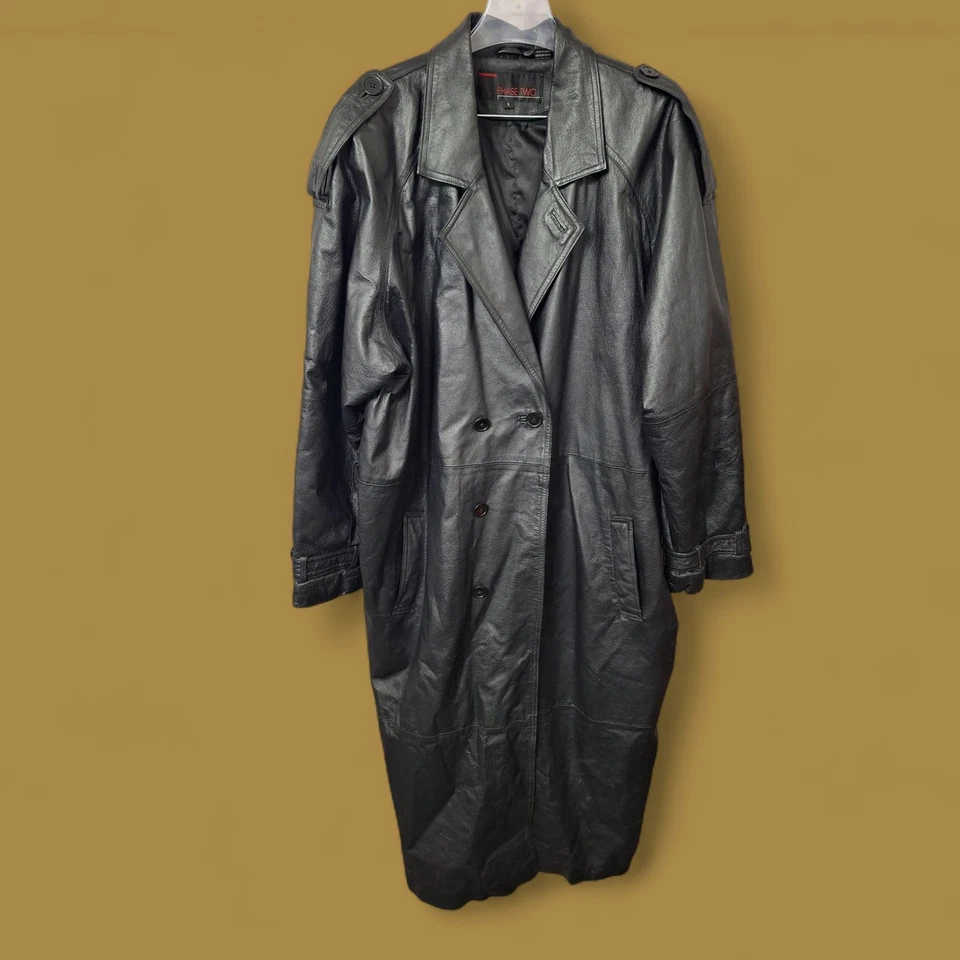 VTG Mens Genuine Leather Trench Coat Large Black Double Breasted Full Length Y2K - Image 1 of 4