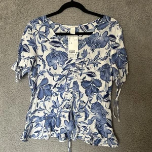 Blusa Top H&M Damas Mujeres Azul y Blanco Estampado Floral Talla 8 - Imagen 1 de 3