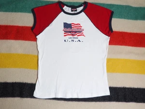 VTG 90s Harley Davidson Las Vegas Flag Biker White Red Baby Tee T-Shirt Womens M - Picture 1 of 5