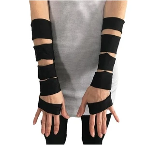 Mens Cut Out Gloves Black Arm Sleeves Covers PVC Cyber Goth Cosplay Costume Psy - Picture 1 of 3