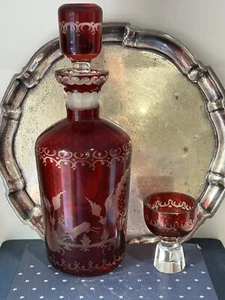 Antique/vintage Glass Ruby Red cut to clear Crystal Glass Decanter And Glass - Picture 1 of 12