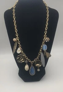 Gold Tone Charm Necklace Simulated Opalite Shell Stones Adjustable 23 Inches - Picture 1 of 7