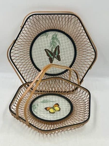 1970s Vintage Serving Nesting Baskets w/Handles Wicker/Bamboo Pressed Butterly - Picture 1 of 10