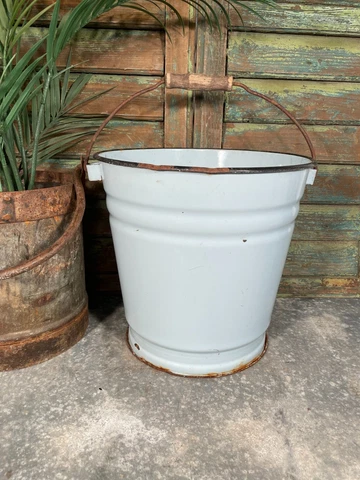 Vintage French Blue Rustic Hanging Enamel Milking Bucket Garden Planter Tub Cover