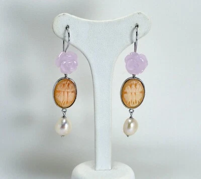 ORECCHINI IN ARGENTO 925 CON ROSE QUARZO ROSA PERLE BIANCHE E CAMMEI AGHT 0612 A - Immagine 1 di 3