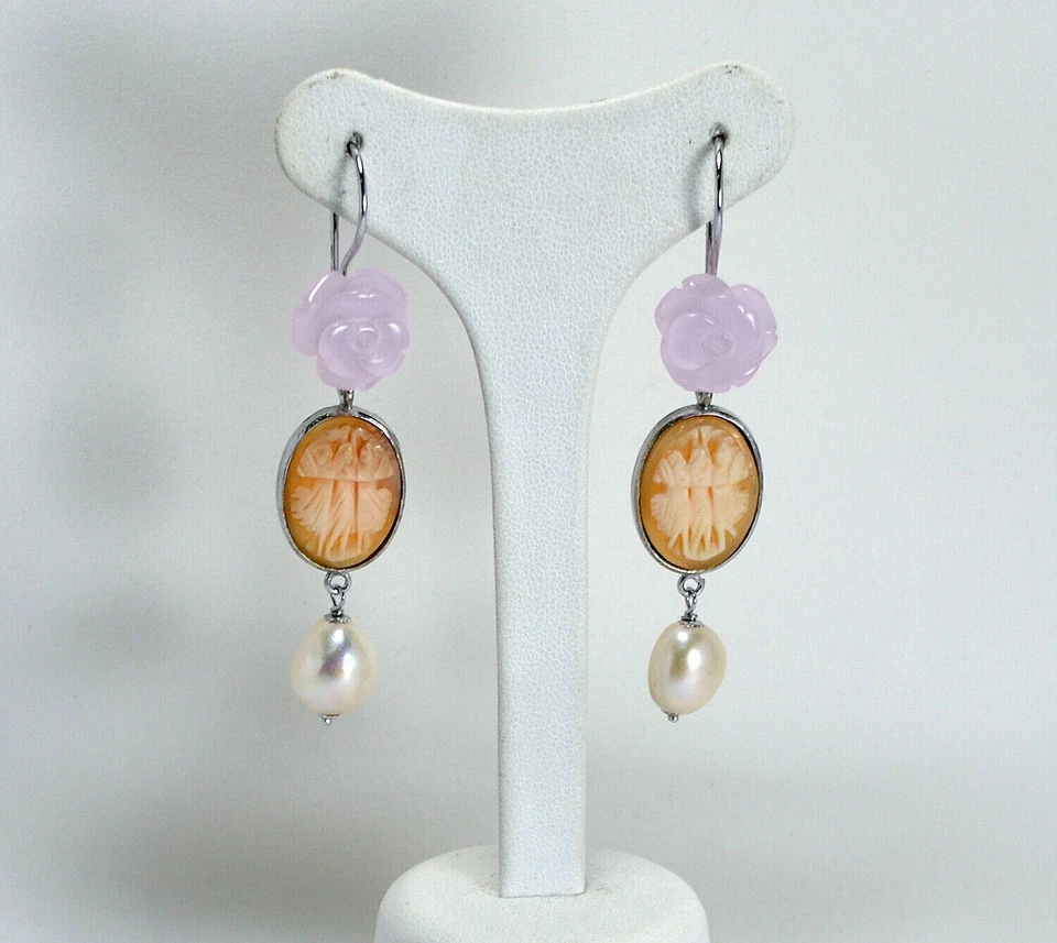 ORECCHINI IN ARGENTO 925 CON ROSE QUARZO ROSA PERLE BIANCHE E CAMMEI AGHT 0612 A - Immagine 1 di 3