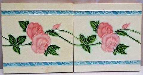 Antique Tile Art Nouveau Majolica England Rose Floral Design English Pottery 2#1 Cover