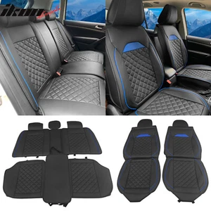 Universal Front Back Car Seat Cover 03 Style Black + Blue PU Leather 5-Seat Set - Picture 1 of 17