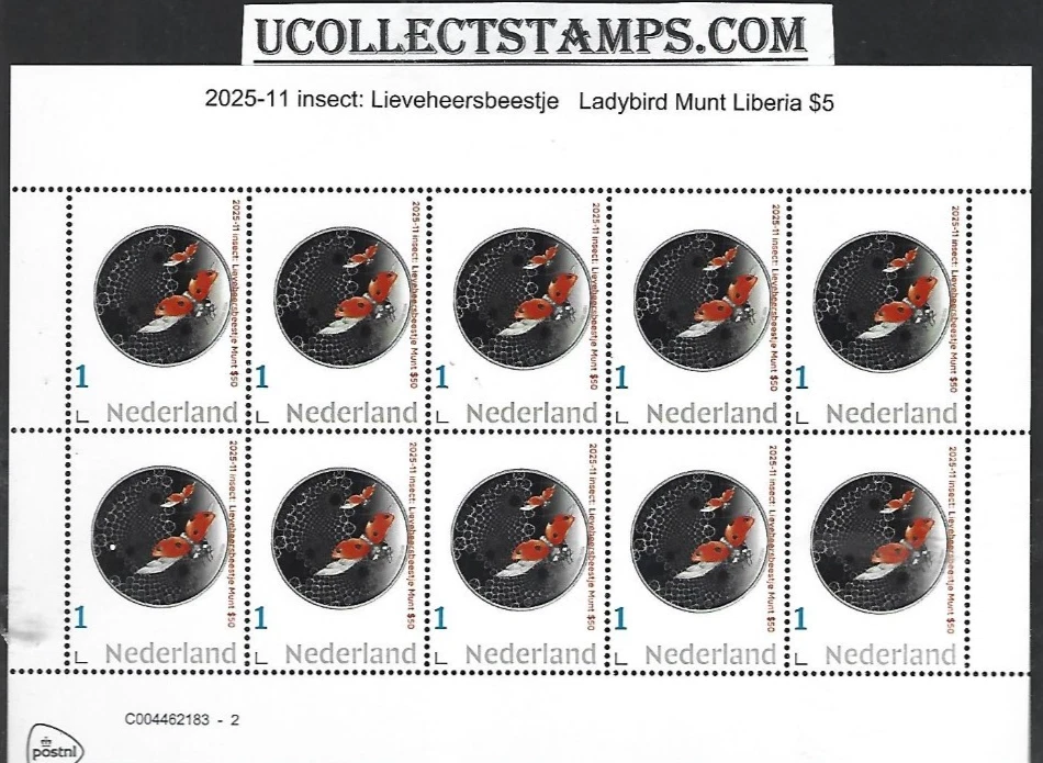 Netherlands 2025-11 Coin Insect: Ladybird Liberia $5 sheet mnh/postfris u - Image 1 of 1