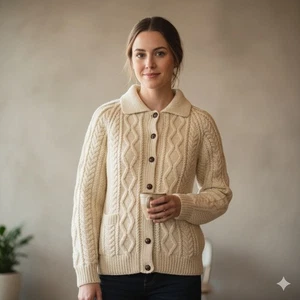 Cárdigan de Colección Edimburgo Woollen Mill Tejido a Mano Aran Cable Marfil 100% Lana Nueva S - Imagen 1 de 15