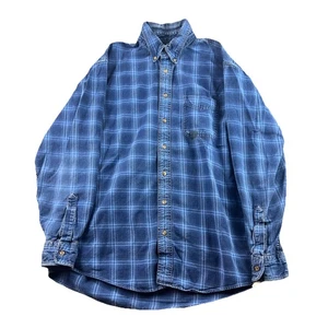 Vintage LL Bean Shirt Men’s L Blue Plaid Heavy Cotton Button Down Flannel Flaw - Picture 1 of 17