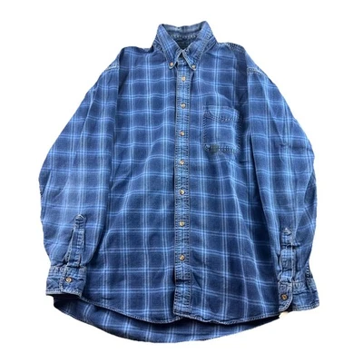 Vintage LL Bean Shirt Men’s L Blue Plaid Heavy Cotton Button Down Flannel Flaw - Image 1 of 4