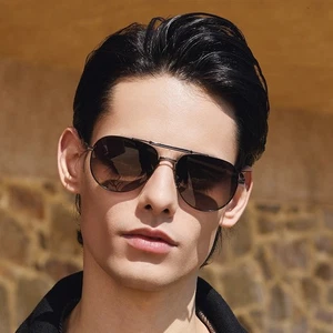 Men's Vintage Polarized Double Bean Pilot Sunglasses Classical Black Glasses - Photo 1/13