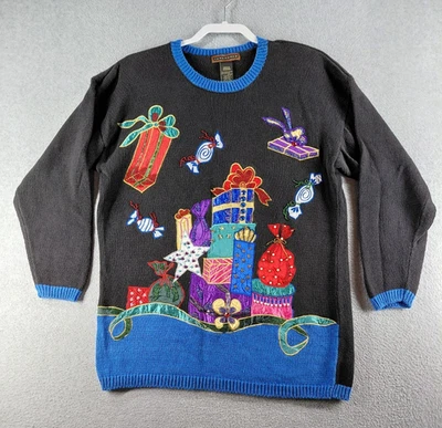 YarnWorks Women's Christmas Sweater Size Medium Black Blue Presents Ugly Beaded - Image 1 of 4