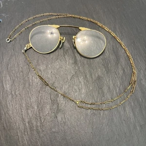 AO Signed Antique Pince Nez Folding Glasses 1/10 12k Gold Filled & Neck Chain - Picture 1 of 18