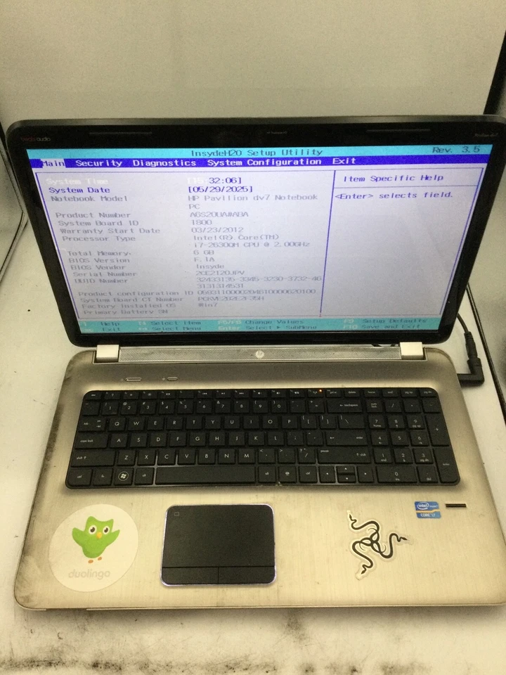 HP PAVILION DV7 - BOOTS TO BIOS - INTEL I7 2630 - 6GB RAM - 17" - READ DESC - BB - Image 1 of 4