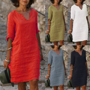 Women Cotton Linen Summer Casual Dress Short Sleeves Long Shirt Ro,