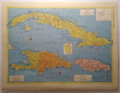 Mapa antiguo 1955 de Cuba, Hispaniola y Jamaica - Nuevo Atlas Mundial Supremo de Hammond Foto 1 de 4