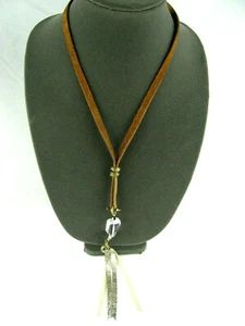 White Crystal Stone Brown Leather Bolo Tie / Necklace Unique Adjustable 24" VTG - Picture 1 of 3