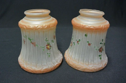 Pair Antique Frosted Ombre Glass Fitter Shades; Hand Painted Floral Garland Cover