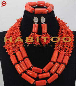 18" real orange coral Beads necklace earrings bracelet Set 