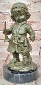 Snow Hat Girl with Horn Bronze Sculpture Statue Music Nursery Artwork Decor - Picture 1 of 10