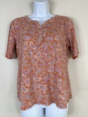 Croft & Barrow Womens Size PM Orange/Purple Paisley Floral T-shirt Short Sleeve - Image 1 of 4