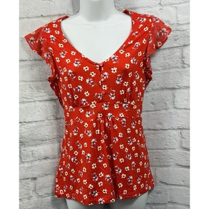 M&Co Jersey Blouse Size 12 Poppy Red & White Floral Chiffon Cap Sleeve Tie Back - Picture 1 of 11