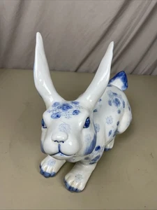 Antique Chinese Porcelain Blue White Rabbit Sculpture 12.25”D Marked - Picture 1 of 16