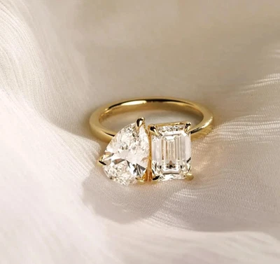 Lab Grown Diamond Engagement Ring Pear and Emerald Cut Ring 10K Solid Gold Ring - Image 1 of 3