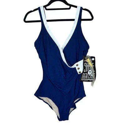Carol Wior Shape Detector Navy Blue V-Neck Gold Button One Piece Swimsuit 14 - Image 1 of 4