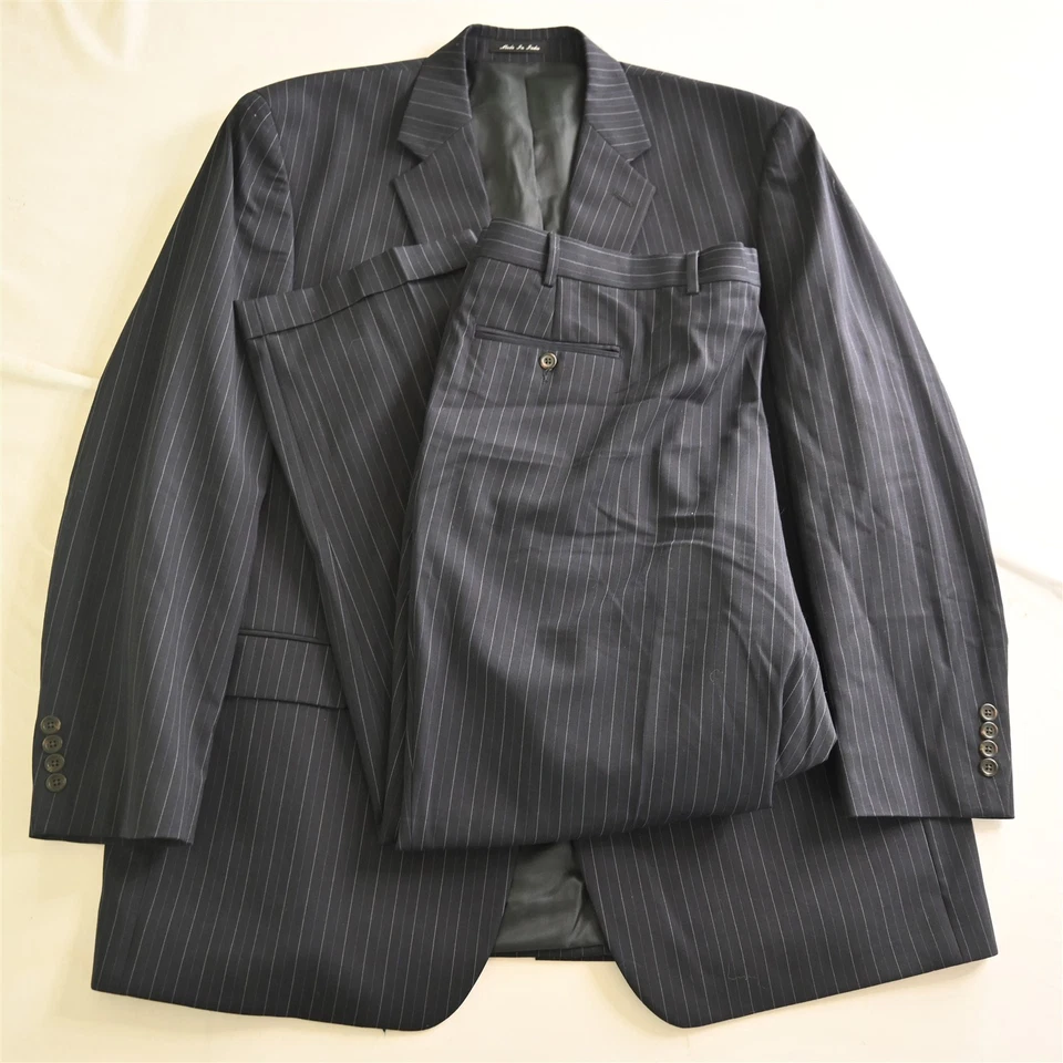 Chaps Ralph Lauren 46L 42x30 Navy Blue Striped 100% Wool Mens Jacket Pants Suit - Image 1 of 4
