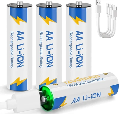 Lithium Batteries AA Rechargeable 4 Pack, 1.5V 1200Mah/1800Mwh USB-C Li-Ion Doub - Image 1 of 4
