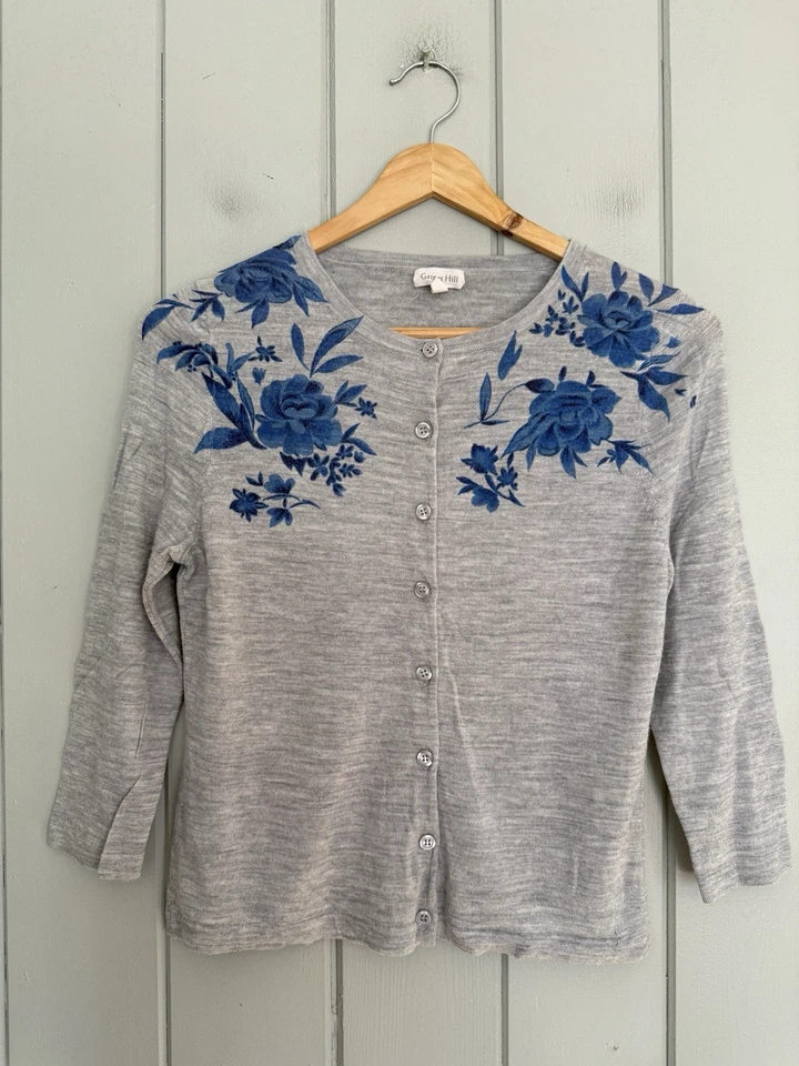 Cárdigan Suéter Granate Hill S Pequeño Firma Eco Lana Merino Floral Azul Gris Foto 1 de 4
