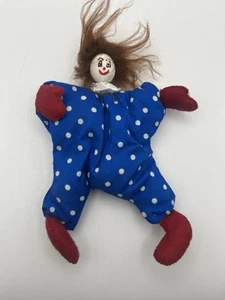 Vintage Blue And White Pierrot Clown Fabric Toy Wood Head - Picture 1 of 2