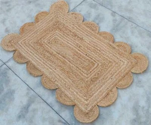 Jute Rug Natural Fiber Jute Braided Style Scallop Design Rectangle Area Rug - Picture 1 of 5