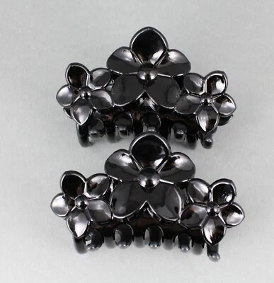 Black hair clips plumeria flower barrette jaw claw clamp set of 2 Small - Image 1 of 4
