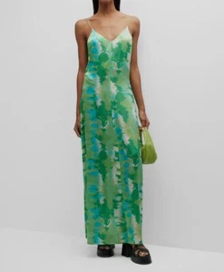 $595 Ganni Women's Green Printed Silk V-Neck Sleeveless Maxi Slip Dress Size 36 - Picture 1 of 6