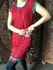 Boho Gypsy Hippy Red Tunic Blouse Cotton Dress Crinkled Summer ComfyTunic Tops S